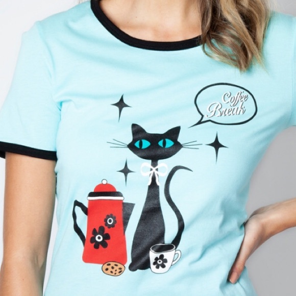Retro cat coffee ringer tee XS NWT